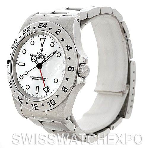The image shows a side angle of a Rolex Explorer 16570 Men's Stainless Steel White Dial 16570 Men's Stainless Steel White Dial watch, displaying its case, bezel, dial, crown, and bracelet.