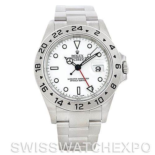 The image shows a front view of a Rolex Explorer 16570 Men's Stainless Steel White Dial 16570 Men's Stainless Steel White Dial watch, displaying the dial, hands, bezel, bracelet, and crown.