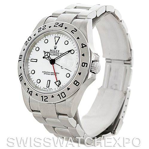 The image shows a side angle of the Rolex Explorer 16570 Men's Stainless Steel White Dial 16570 Men's Stainless Steel White Dial watch, highlighting the bracelet, bezel, and crown.