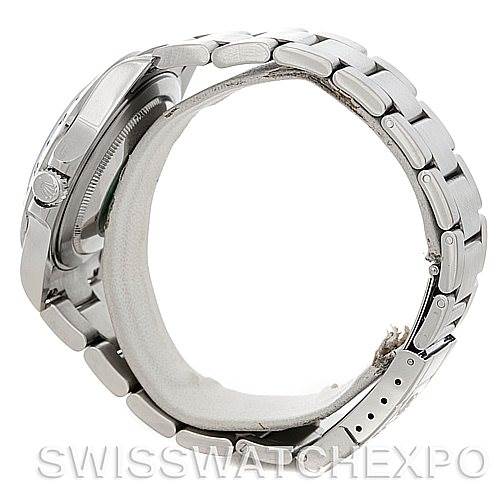 This image shows a side view of the bracelet and case of a Rolex Explorer 16570 Men's Stainless Steel White Dial 16570 Men's Stainless Steel White Dial model watch.