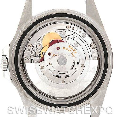 This is a close-up view of the movement and internal mechanism of the Rolex Explorer 16570 Men's Stainless Steel White Dial 16570 Men's Stainless Steel White Dial watch, showing its intricate components.