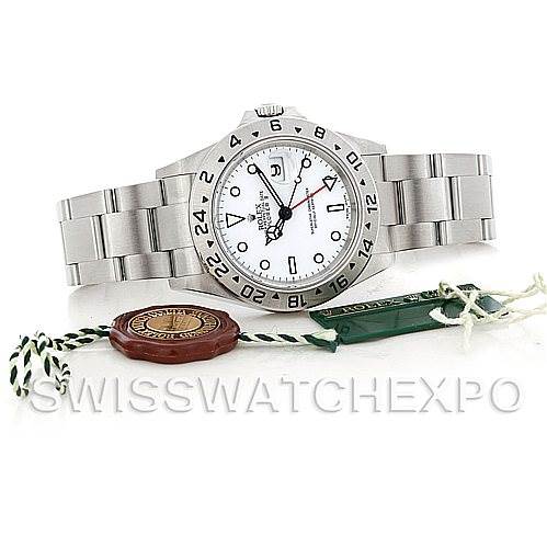 The image shows a Rolex Explorer 16570 Men's Stainless Steel White Dial 16570 Men's Stainless Steel White Dial watch from the front, including the face, bezel, bracelet, and additional tags placed beside it.