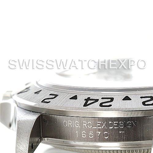 The image shows a close-up side view of a Rolex Explorer 16570 Men's Stainless Steel White Dial 16570 Men's Stainless Steel White Dial watch, highlighting its bezel and engraved model number "16570" on the side.