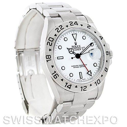 The image shows a front angle of a Rolex Explorer 16570 Men's Stainless Steel White Dial 16570 Men's Stainless Steel White Dial watch, highlighting the dial, bezel, and part of the bracelet.