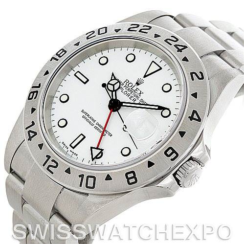 The image shows a Rolex Explorer 16570 Men's Stainless Steel White Dial 16570 Men's Stainless Steel White Dial watch at an angle highlighting the face, bezel, and part of the bracelet.