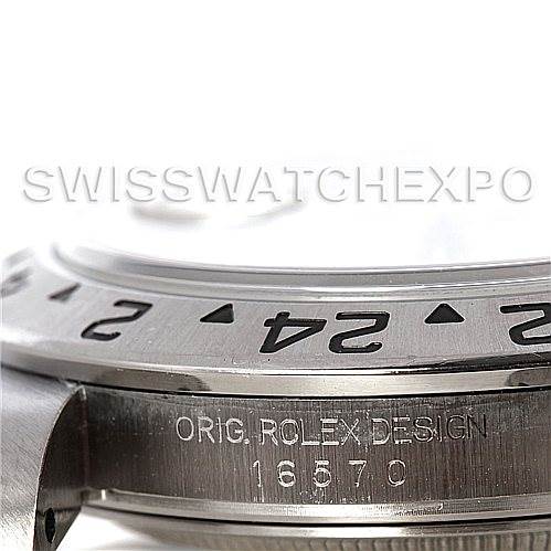 The image shows a close-up angle of the bezel and side of a Rolex Explorer 16570 Men's Stainless Steel White Dial 16570 Men's Stainless Steel White Dial watch, including the "ORIG. ROLEX DESIGN" inscription.