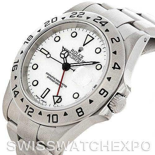This image shows a three-quarter view of a Rolex Explorer 16570 Men's Stainless Steel White Dial 16570 Men's Stainless Steel White Dial watch, highlighting the face, bezel, crown, and part of the bracelet.