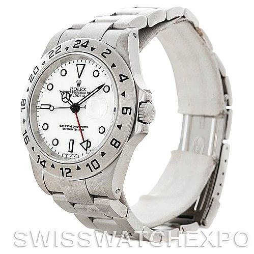 The image shows a Rolex Explorer 16570 Men's Stainless Steel White Dial 16570 Men's Stainless Steel White Dial watch at a three-quarter angle, highlighting the face, bezel, crown, and bracelet.