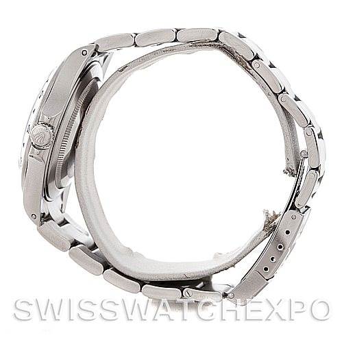 This Rolex Explorer 16570 Men's Stainless Steel White Dial 16570 Men's Stainless Steel White Dial watch is shown from the side, highlighting the case, bracelet, lugs, and crown.