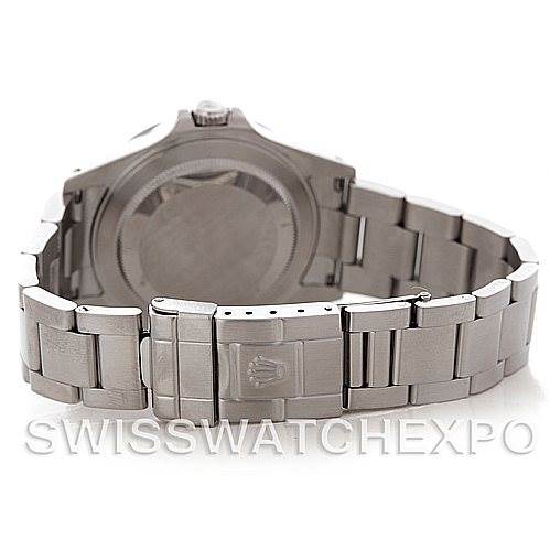This image shows the backside and bracelet of a Rolex Explorer 16570 Men's Stainless Steel White Dial 16570 Men's Stainless Steel White Dial watch, highlighting the clasp and links.