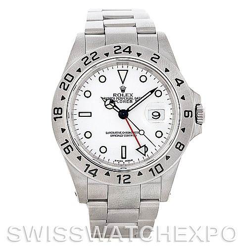 The image shows a front view of a Rolex Explorer 16570 Men's Stainless Steel White Dial 16570 Men's Stainless Steel White Dial watch, including the dial, bezel, crown, and bracelet.