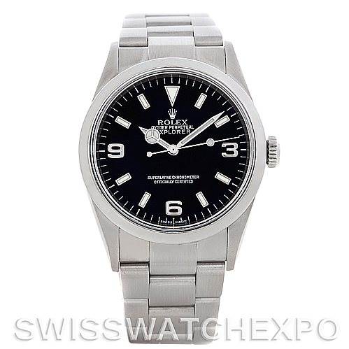 The image shows a front view of a Rolex Explorer 114270 Men's Stainless Steel Black Dial 114270 Men's Stainless Steel Black Dial watch, detailing its black dial, steel case, and bracelet.