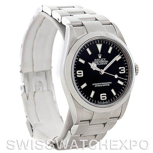 The image shows a Rolex Explorer 114270 Men's Stainless Steel Black Dial 114270 Men's Stainless Steel Black Dial watch from a left side angle, highlighting its bracelet, dial, and case.