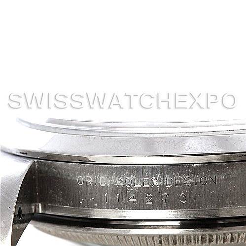 This image shows a close-up side view of the case and bezel of a Rolex Explorer 114270 Men's Stainless Steel Black Dial 114270 Men's Stainless Steel Black Dial model, including the engraved design number.