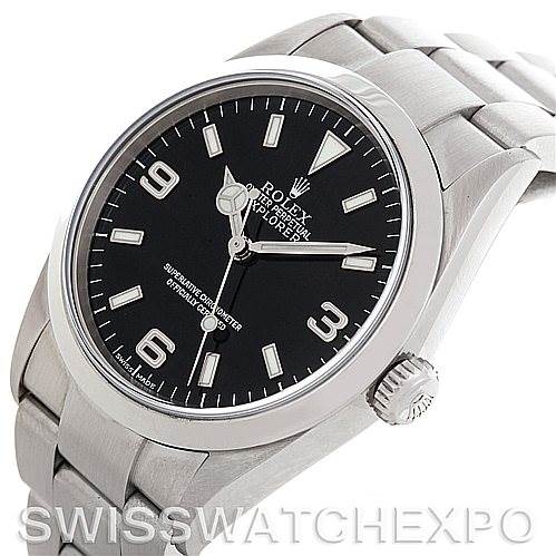 The Rolex Explorer 114270 Men's Stainless Steel Black Dial 114270 Men's Stainless Steel Black Dial watch is shown at a three-quarter angle, highlighting the black dial, hands, crown, and stainless steel bracelet.