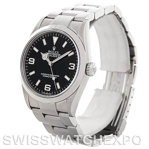 The image shows a Rolex Explorer 114270 Men's Stainless Steel Black Dial 114270 Men's Stainless Steel Black Dial watch from a front-side angle, displaying its face, bezel, case, crown, and bracelet.