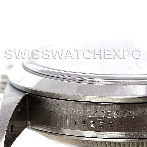 This image shows a close-up of the side of the Rolex Explorer 114270 Men's Stainless Steel Black Dial 114270 Men's Stainless Steel Black Dial watch case, highlighting the model number "114270" and part of the bezel.