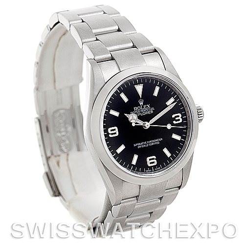 This image shows a Rolex Explorer 114270 Men's Stainless Steel Black Dial 114270 Men's Stainless Steel Black Dial model watch from a side angle, highlighting its face and stainless steel bracelet.