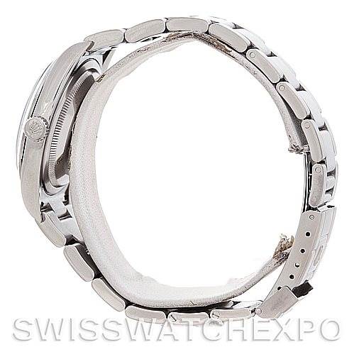 This side view shows the bracelet and case of the Rolex Explorer 114270 Men's Stainless Steel Black Dial 114270 Men's Stainless Steel Black Dial watch.