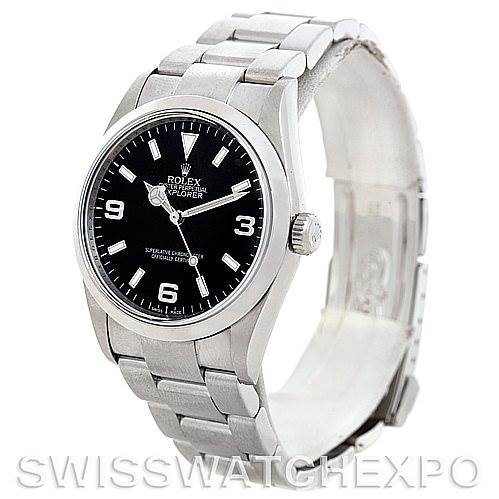 The Rolex Explorer 114270 Men's Stainless Steel Black Dial 114270 Men's Stainless Steel Black Dial watch is shown at a slight side angle displaying the face, case, crown, and bracelet.