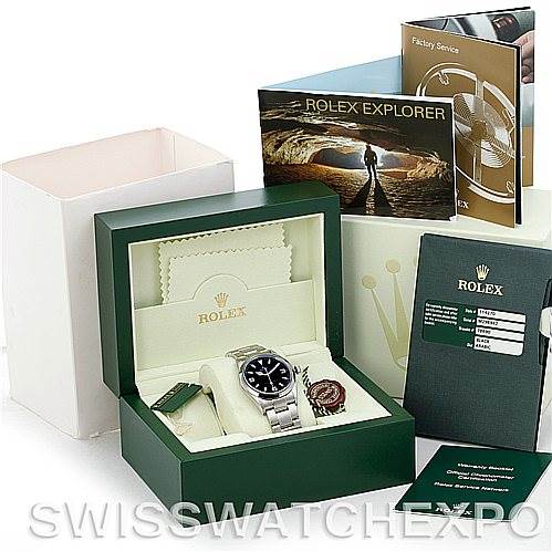 The image shows a Rolex Explorer 114270 Men's Stainless Steel Black Dial 114270 Men's Stainless Steel Black Dial watch with its original box, manual, service booklet, and warranty card from an angled top view.