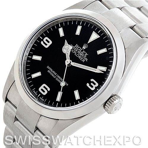 The image shows a close-up of the dial, bezel, crown, and part of the bracelet of the Rolex Explorer 114270 Men's Stainless Steel Black Dial 114270 Men's Stainless Steel Black Dial watch.