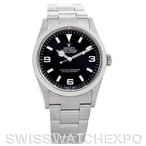 The image shows a full frontal view of a Rolex Explorer 114270 Men's Stainless Steel Black Dial 114270 Men's Stainless Steel Black Dial watch, including the dial, bezel, bracelet, and crown.
