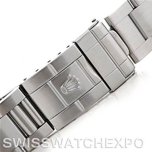 The image shows a close-up of the clasp on the bracelet of a Rolex Explorer 114270 Men's Stainless Steel Black Dial 114270 Men's Stainless Steel Black Dial watch.