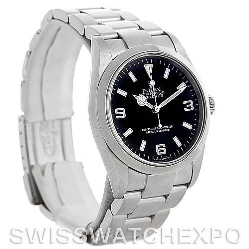 The image shows a side view of the Rolex Explorer 114270 Men's Stainless Steel Black Dial 114270 Men's Stainless Steel Black Dial watch displaying its black dial, stainless steel case, and bracelet.