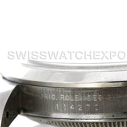 Close-up angle showing the side of a Rolex Explorer 114270 Men's Stainless Steel Black Dial 114270 Men's Stainless Steel Black Dial watch, focusing on the model's engraved serial number and design mark.