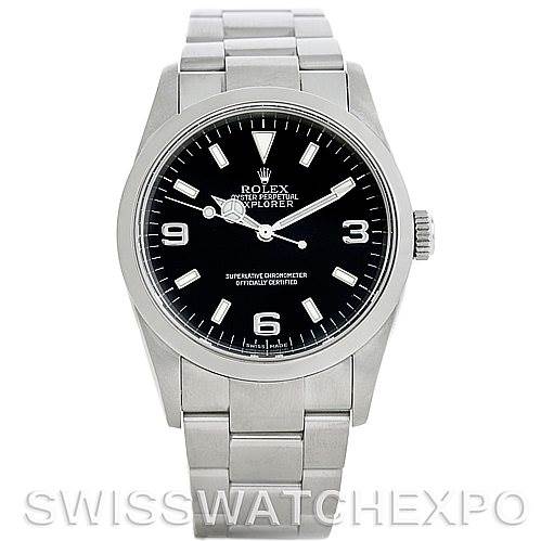 This image shows a front view of a Rolex Explorer 114270 Men's Stainless Steel Black Dial 114270 Men's Stainless Steel Black Dial model watch, showcasing its face, bezel, and bracelet.