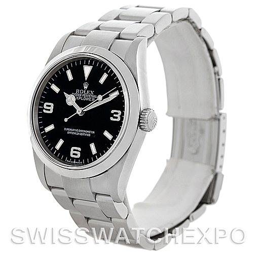 This image shows a side view of the Rolex Explorer 114270 Men's Stainless Steel Black Dial 114270 Men's Stainless Steel Black Dial watch, highlighting the face, bezel, crown, and bracelet.