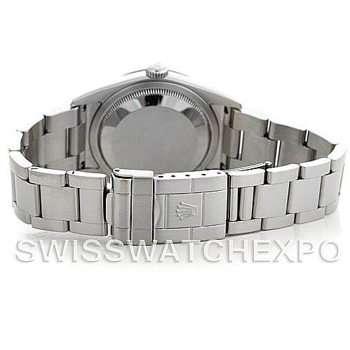The image shows the back side of the Rolex Explorer 114270 Men's Stainless Steel Black Dial 114270 Men's Stainless Steel Black Dial watch, highlighting the case back, bracelet, and clasp.