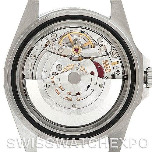 The image shows the back view of a Rolex Explorer 16570 Men's Stainless Steel White Dial 16570 Men's Stainless Steel White Dial model, highlighting its internal mechanical movement.