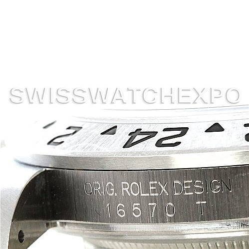 The image shows a close-up side view of a Rolex Explorer 16570 Men's Stainless Steel White Dial 16570 Men's Stainless Steel White Dial watch bezel and case, highlighting the design and model number 16570.