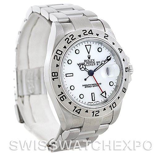 The image shows a Rolex Explorer 16570 Men's Stainless Steel White Dial 16570 Men's Stainless Steel White Dial watch from a three-quarter angle highlighting the face, bezel, and part of the bracelet.