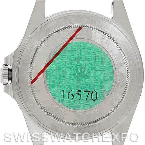 This image shows the case back of a Rolex Explorer 16570 Men's Stainless Steel White Dial 16570 Men's Stainless Steel White Dial model, revealing the reference number 16570.