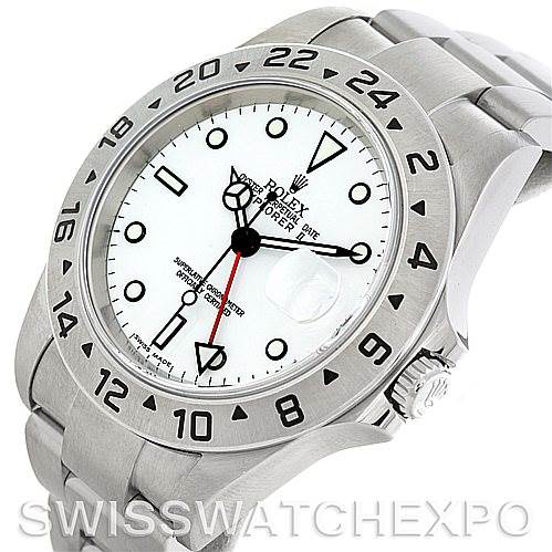 The image shows a front right angle of the Rolex Explorer 16570 Men's Stainless Steel White Dial 16570 Men's Stainless Steel White Dial watch, highlighting the dial, bezel, and part of the bracelet.