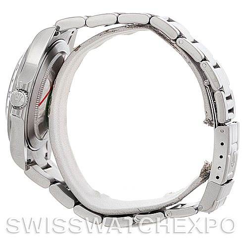 This image shows the side view of a Rolex Explorer 16570 Men's Stainless Steel White Dial 16570 Men's Stainless Steel White Dial watch, focusing on the bracelet and case.