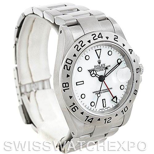 The Rolex Explorer 16570 Men's Stainless Steel White Dial 16570 Men's Stainless Steel White Dial watch is shown from an angled perspective, displaying the face, bezel, crown, and bracelet.