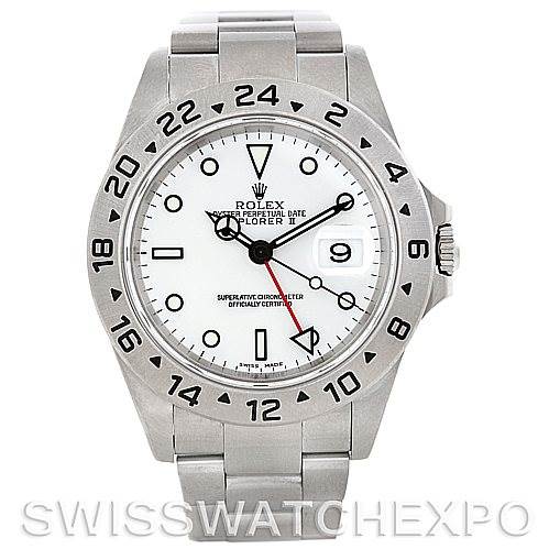 The image shows a front view of the Rolex Explorer 16570 Men's Stainless Steel White Dial 16570 Men's Stainless Steel White Dial watch, highlighting the face, bezel, and bracelet.