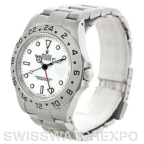 The image shows a side and partial front view of a Rolex Explorer 16570 Men's Stainless Steel White Dial 16570 Men's Stainless Steel White Dial watch, highlighting its bezel, dial, bracelet, and crown.
