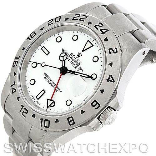 The Rolex Explorer 16570 Men's Stainless Steel White Dial 16570 Men's Stainless Steel White Dial watch is shown at an angled view, displaying its dial, bezel, crown, and part of its bracelet.