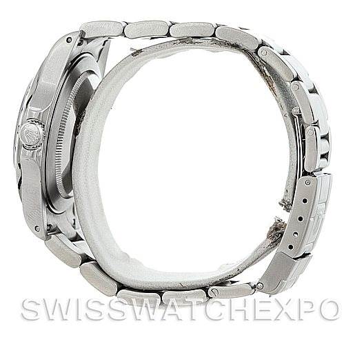This image shows a side view of the case and bracelet of a Rolex Explorer 16570 Men's Stainless Steel White Dial 16570 Men's Stainless Steel White Dial watch.