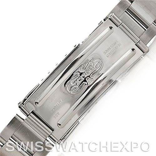 This image shows the clasp of the Rolex Explorer 16570 Men's Stainless Steel Black Dial 16570 Men's Stainless Steel Black Dial watch, displaying the engraved logo and brand details.