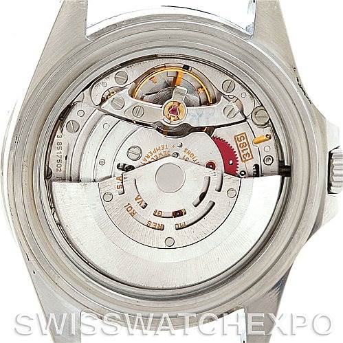 The image shows the back view of a Rolex Explorer 16570 Men's Stainless Steel Black Dial 16570 Men's Stainless Steel Black Dial model, revealing its internal movement mechanism.