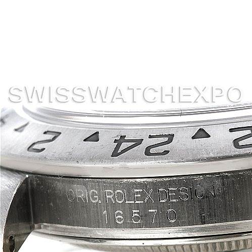 This image shows a close-up of the bezel and case side of a Rolex Explorer 16570 Men's Stainless Steel Black Dial 16570 Men's Stainless Steel Black Dial, model number 16570.
