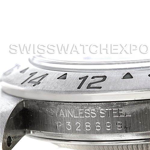 This image shows a close-up of the side and bezel of the Rolex Explorer 16570 Men's Stainless Steel Black Dial 16570 Men's Stainless Steel Black Dial watch, highlighting stainless steel and serial number engraving.
