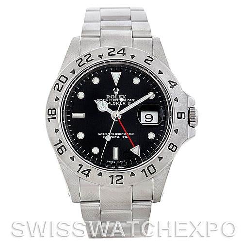 This image shows a front view of the Rolex Explorer 16570 Men's Stainless Steel Black Dial 16570 Men's Stainless Steel Black Dial watch, featuring its bezel, dial, hands, date window, and bracelet.