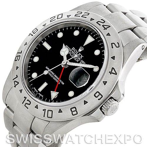 The image shows a front angled view of a Rolex Explorer 16570 Men's Stainless Steel Black Dial 16570 Men's Stainless Steel Black Dial watch, highlighting the bezel, dial, hands, and part of the bracelet.